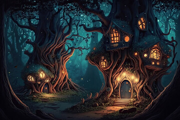 Fantasy house in magic forest, fairytale habitation in tree trunk. Generative AI.