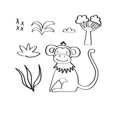 Cute monkey surrounded by tropical plants. Doodle style vector illustration isolated on white background for your design