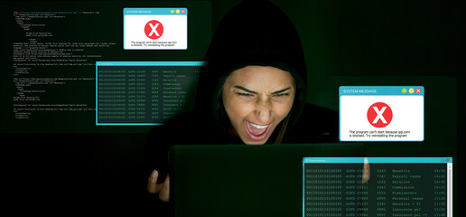 Angry, hacking and hacker man for cyber security, coding software, block server and error code for...