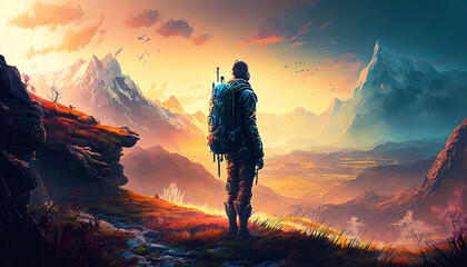 Hiker in the top of mountain wallpaper. Sunrise in the mountain. Ai generated