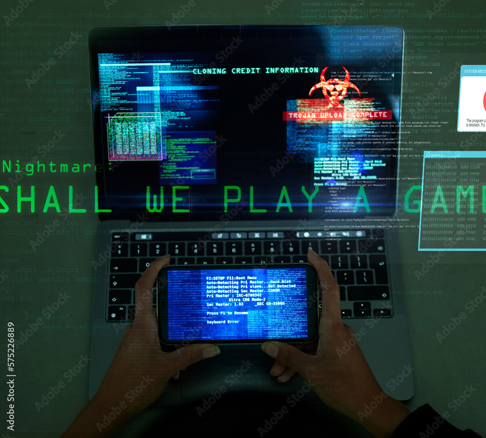 Poster Laptop screen, hands and hacking data for online cyber crime, digital thief and coding software malware, phishing or fraud. Hacker phone app and cybersecurity overlay, ransomware on gaming computer
