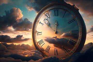 clock in sky created using AI Generative Technology - obrazy, fototapety, plakaty