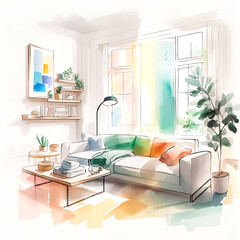 Living room interior, modern living room, living room with a sofa, watercolor style,modern living interior, Watercolor Style