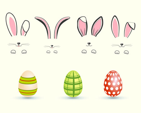 Easter bunny ears and easter eggs collection, Bunny face and egg illustration