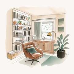 Living room interior, living interior with furniture, modern living room, living room with a sofa, watercolor style,modern living interior, Watercolor Style