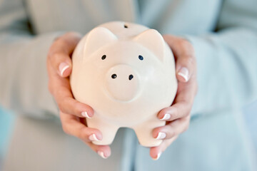 Piggy bank savings, investment and woman hands investing in wealth, financial business growth or...