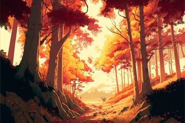 秋 紅葉 山 自然 森 風景 イラスト 背景 道 旅