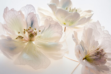 Flower bouquet qith soft colors and translucid petals macro on white background, generative ai illustration