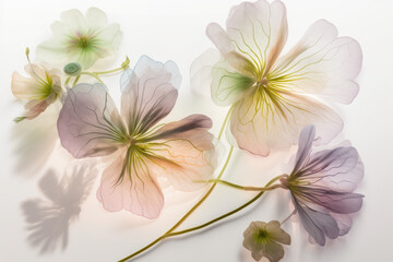 Obraz premium Flower bouquet qith soft colors and translucid petals macro on white background, generative ai illustration