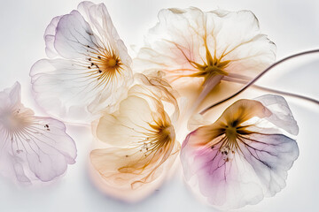 Obraz na płótnie Canvas Flowers with translucid petals on white background with soft colors, generative ai illustration