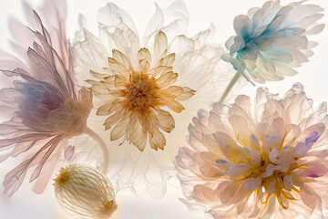 Obraz premium Flowers with translucid petals on white background with soft colors, generative ai illustration