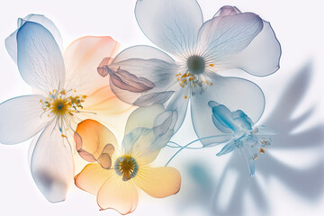 Fototapeta na wymiar Flowers with translucid petals on white background with soft colors, generative ai illustration