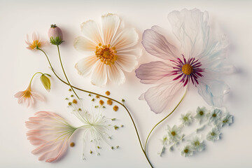 Flowers with translucid petals on white background with soft colors, generative ai illustration