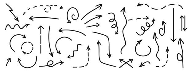 Black hand drawn arrow vector icons set on a rectangular white background. Sketch arrow design for business plan and education. Vector