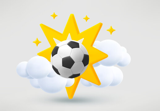Shot on goal concept with flash and soccer ball. 3d vector illustration
