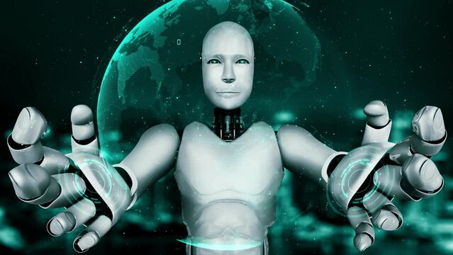 Futuristic robot artificial intelligence huminoid AI programming coding technology development and machine learning concept. Robotic bionic science research for future of human life. 3D rendering.