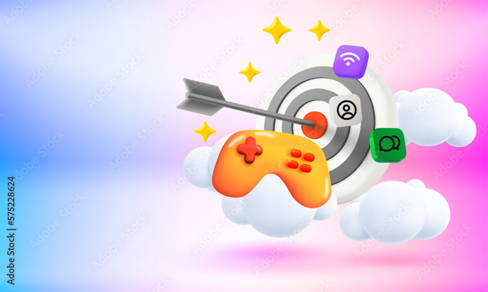 Poster Video game concept with darts and gamepad. 3d vector banner with copy space