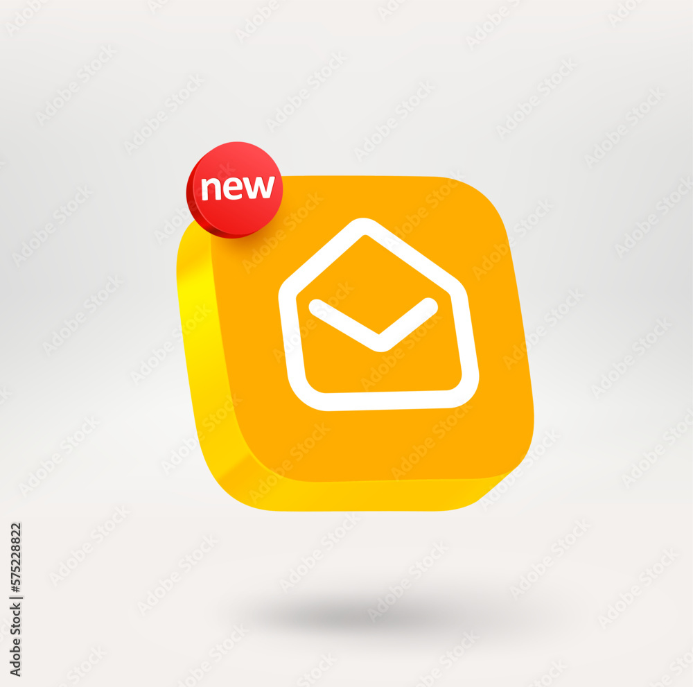 Poster Message button with NEW label. Mobile application icon. 3d vector icon isolated on white background