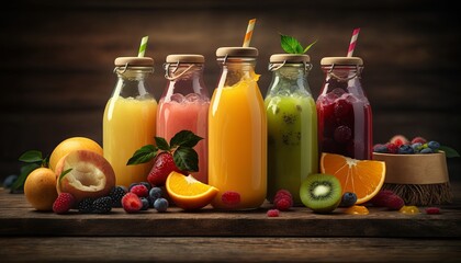 bottles of fruit juice and smoothie with fresh fruits on wooden table. Generative ai