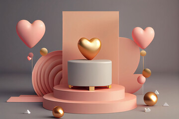 Pink heart on a podium with a pink background Generative ai