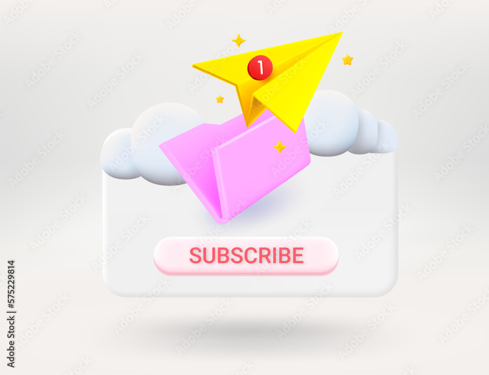 Poster pop up window with folder with paper plane. subscribe concept. 3d vector illustration