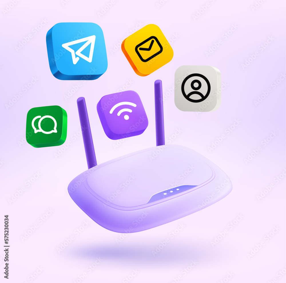 Aufkleber modern router with apps icons. 3d vector illustration