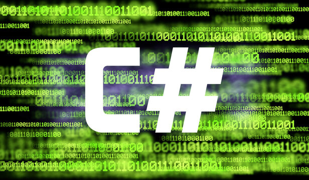 Word c#  and abstract cyberspace with binary code on dark background. C sharp programming language.
