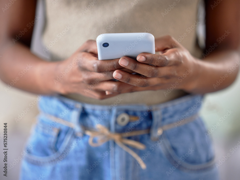 Sticker Black woman, hands and phone for social media, texting or chatting in communication or networking. Hand of African American female typing on mobile smartphone for chat, online post or browsing app