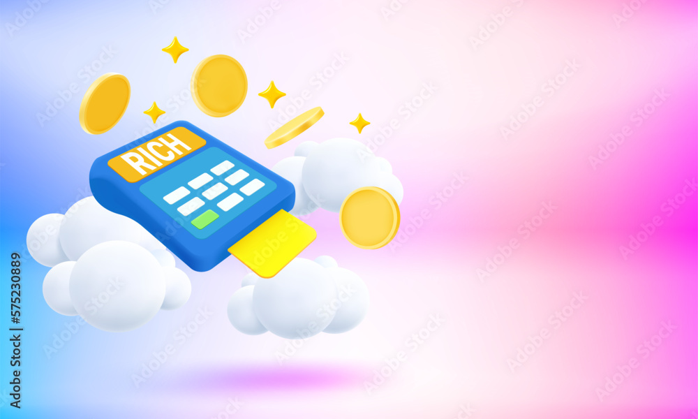 Poster payment terminal with coins. payment concept. 3d vector banner with copy space