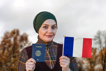 Muslim Woman Holding Passport and Flag France
