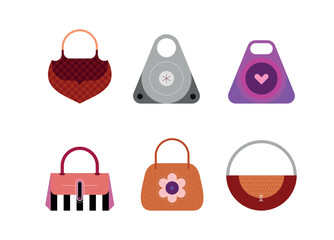 Colored design elements isolated on a white background Handbags and Clutches vector icon set. Collection of fashionable stylish women's handbags. 