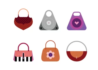 Gordijnen Colored design elements isolated on a white background Handbags and Clutches vector icon set. Collection of fashionable stylish women's handbags.  ©  danjazzia