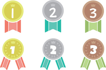 ポップな月桂樹と王冠とリボンを組み合わせたメダル　金　銀　銅