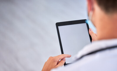 Doctor, man and hands with tablet on mockup screen above for healthcare research, advertising or...
