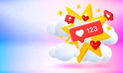 Social media icons and yellow flash. Subsription concept. 3d vector banner with copy space