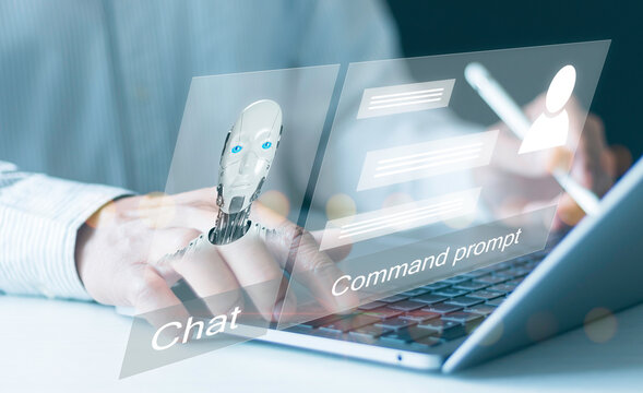 Conversation, Chat with AI, A person using online customer service with a chatbot to get support, Artificial intelligence and CRM software automation technology, and Virtual assistant on the internet