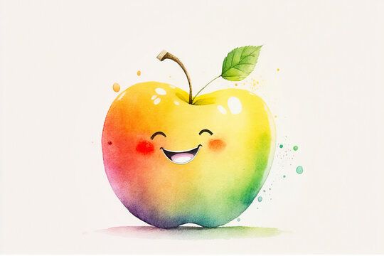 Watercolor cute smiling apple cartoon character. Generative Ai