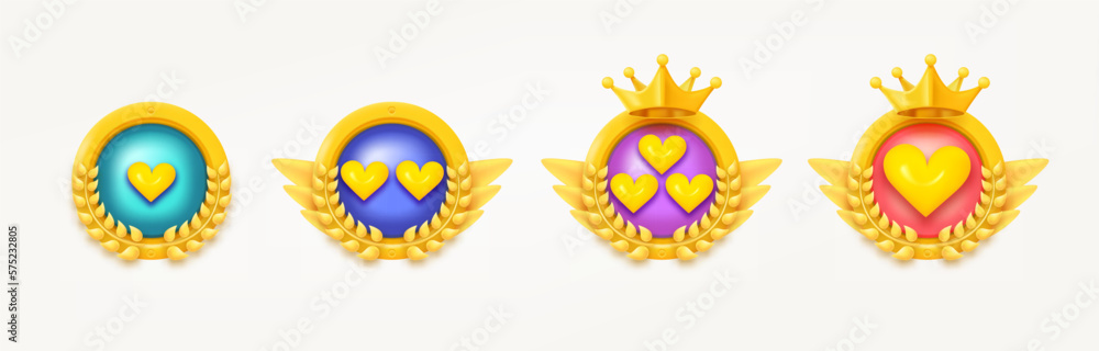 Poster different game rank emblems with hearts and wreaths. game achievement badges collection. 3d vector c