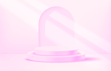 Bright illuminated pink pastel room with portal and podium. Showcase  template. 3d vector background