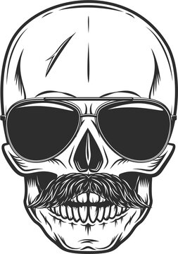 Hipster skull and mustache in sunglasses with reflection. Isolated on white background monochrome illustration