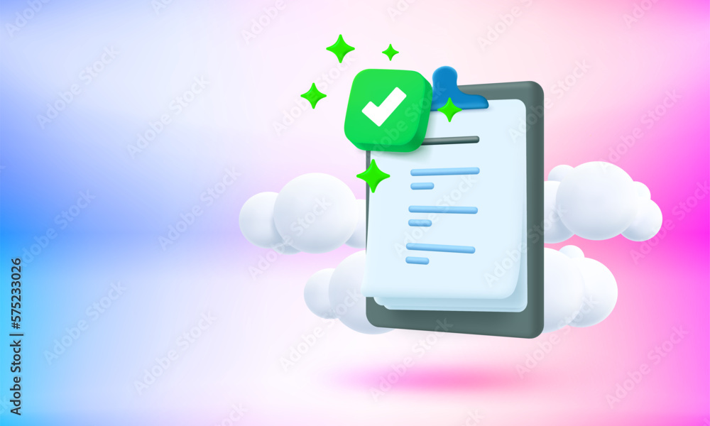 Poster Text on the clipboard. Approved business report concept with check mark.3d vector banner with copy space