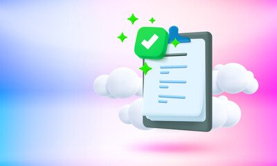 Text on the clipboard. Approved business report concept with check mark.3d vector banner with copy space