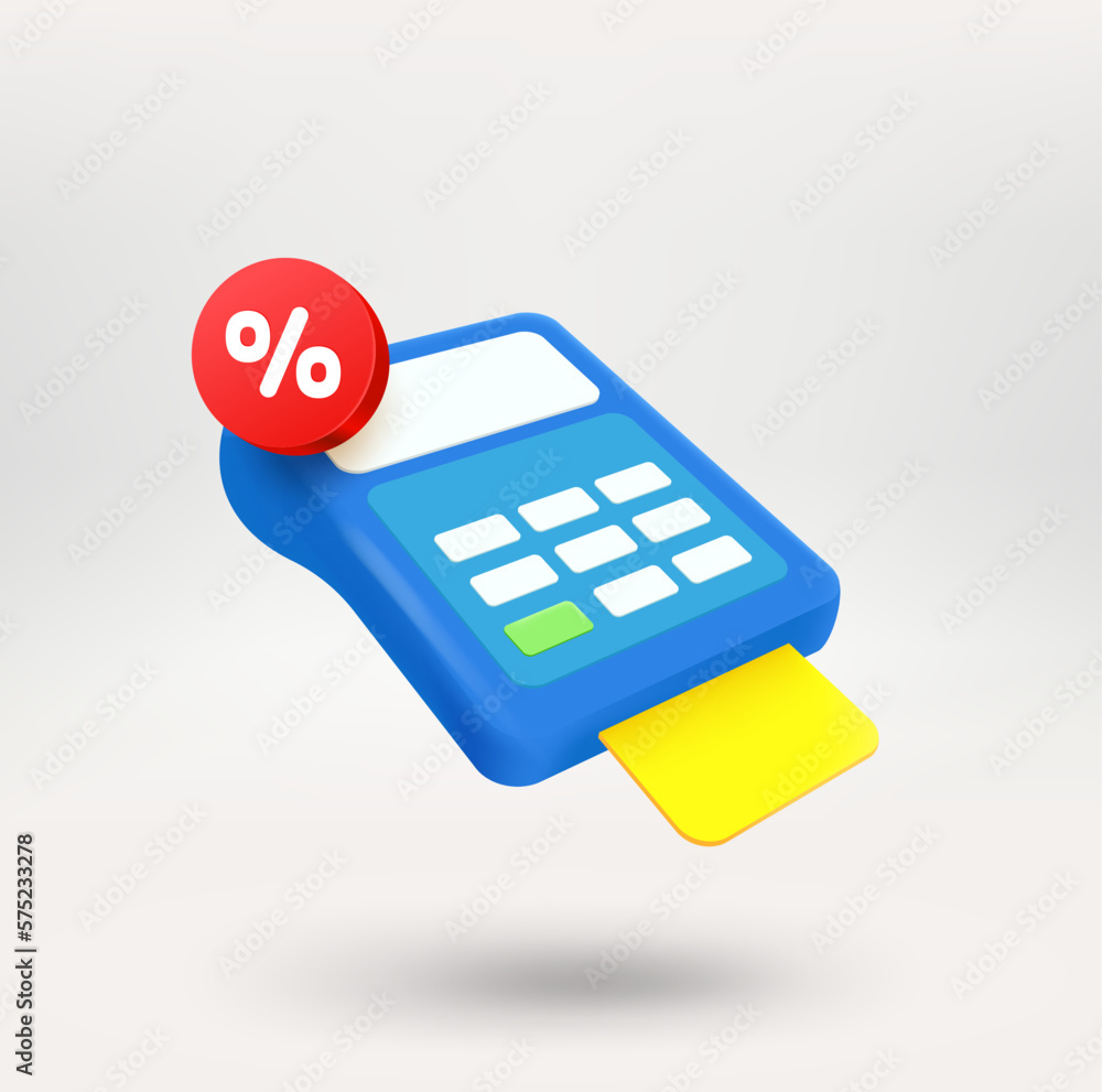Poster Money terminal with a discountt label. 3d vector icon isolated on white background