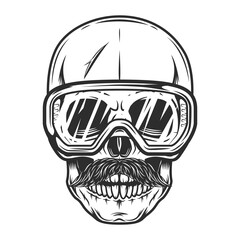 Hipster skull with mustache in glasses construction isolated on white background monochrome illustration