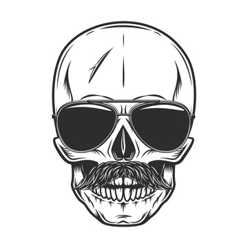 Hipster skull and mustache in sunglasses with reflection. Isolated on white background monochrome illustration