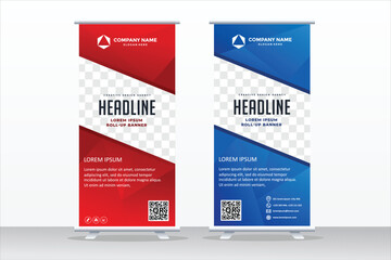 Banner roll-up design, business concept. Graphic template roll-up for exhibitions, banner for seminar, layout for placement of photos. Universal stand for conference, promo banner vector background