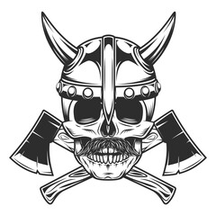 Viking skull mustached in horned helmet with crossed axes in vintage monochrome style isolated vector illustration