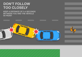 Safety driving tips and traffic regulation rules. Man crossing the street on crosswalk. Top view of a chain-reaction collision. Keep a safe distance on road. Flat vector illustration template.