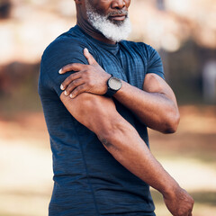 Senior black man, shoulder pain or injury in nature after accident, workout or training. Sports,...