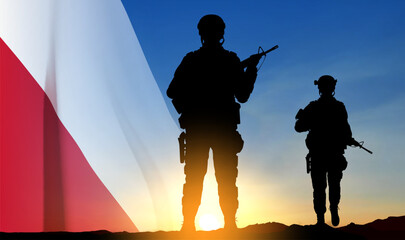 Silhouettes of soldiers with Poland flag against the sunset. Armed Forces of the Republic of Poland. EPS10 vector